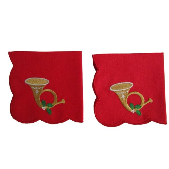 Vintage Red Embroidered Cocktail Napkins French Horn Design Two EUC - Picture 2 of 7